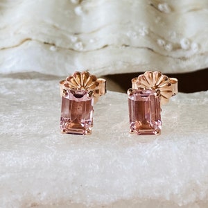 Emerald Cut Morganite Earrings, Morganite Stud Earrings, Gold Morganite Earrings, Silver Morganite Earrings, Emerald Cut Earrings