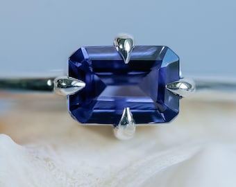 Natural Emerald Cut Tanzanite Ring, East West Setting, Compass Prongs, Sterling Silver, 14k, Minimalist Ring, Gift For Her