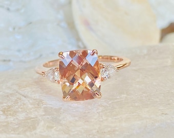 Anello in morganite naturale 14k, anello di fidanzamento in morganite, anello in oro con morganite, anello in morganite con taglio a cuscino allungato, anello con tre pietre