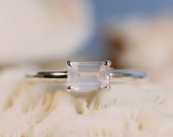 Rose Quartz Ring, East West Emerald Cut Rose Quartz, Solitaire Setting, Stacking Ring, East West Setting, Sterling Silver, 14k