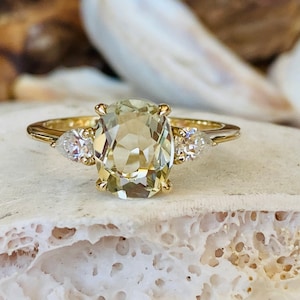 14k Prasiolite Ring, Green Amethyst Ring, Three Stone Prasiolite Ring, Oval Prasiolite Ring, Unique Engagement Ring