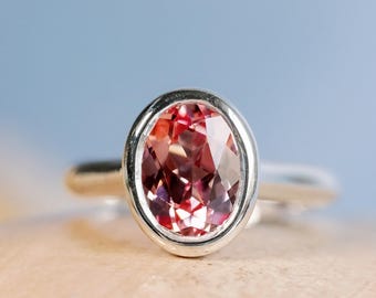 Anel de Safira Padparadscha em Ouro 14k, Anel de Noivado com Safira Rosa, Anel com Aro Oval, Safira Rosa Sintética, Anel com Safira Oval