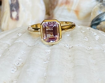 14k Rose De France Amethyst Ring, Emerald Cut Amethyst Ring, 2.00ct Amethyst Ring, Bezel Amethyst Ring, Lavender Amethyst