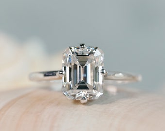 Emerald Cut Moissanite Engagement Ring, Emerald Cut Engagement Ring, Emerald Cut Solitaire, 3.00 Carat Emerald Cut Ring, Compass Setting