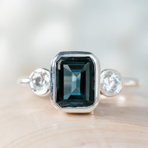 14k London Blue Topaz Ring, Three Stone Ring, London Blue Topaz Three Stone Ring, Natural London Blue Topaz, Anniversary Gift, Gift For Her