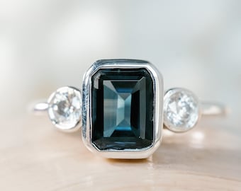 14k London Blue Topaz Ring, Three Stone Ring, London Blue Topaz Three Stone Ring, Natural London Blue Topaz, Anniversary Gift, Gift For Her