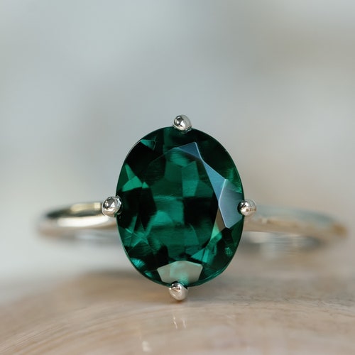 14k Emerald Ring, Green Emerald Ring, Oval Cut Emerald, 3.00ct Emerald Ring, Compass Setting, May Birthstone, Comflict Free