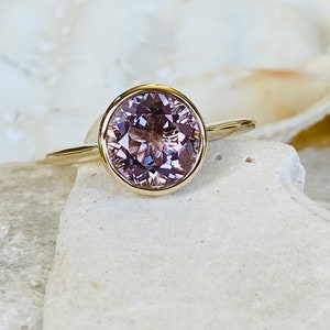 14k Rose De France Amethyst Ring, Bezel Set Amethyst Ring, Round Amethyst Ring, Amethyst Solitaire Ring