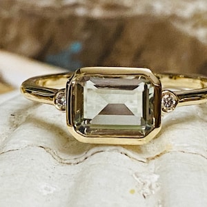 Prasiolite Ring, Prasiolite Engagement Ring, Gold Prasiolite  Ring, Emerald Cut Engagement Ring, East West Ring, East West Emerald Cut Ring