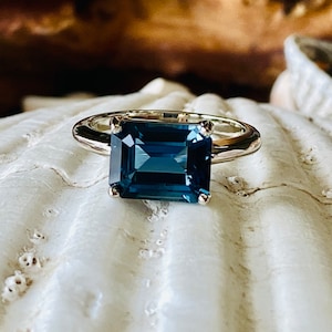 Emerald Cut London Blue Topaz Ring, London Blue Topaz Engagement Ring, Emerald Cut Blue Topaz, Solitaire Setting, East West Setting