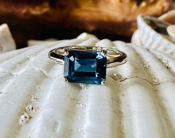 Emerald Cut London Blue Topaz Ring, London Blue Topaz Engagement Ring, Emerald Cut Blue Topaz, Solitaire Setting, East West Setting