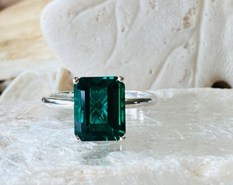 14k Gold Emerald Ring, Emerald Engagement Ring, Emerald Cut Engagement Ring, Emerald Solitaire Ring, May Birthstone