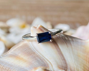 Radiant Cut Sapphire Ring, Blue Sapphire Engagement Ring, Radiant Cut Blue Sapphire, Solitaire Setting, Stacking Ring, East West Setting