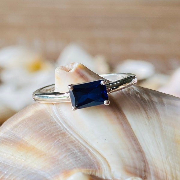 Radiant Cut Sapphire Ring, Blue Sapphire Engagement Ring, Radiant Cut Blue Sapphire, Solitaire Setting, Stacking Ring, East West Setting