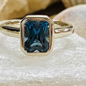 14k London Blue Topaz Ring, Radiant Cut London Blue Topaz Ring, London Blue Topaz Solitaire, London Blue Topaz Engagement Ring, Bezel Ring