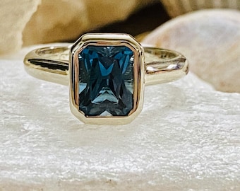 14k London Blue Topaz Ring, Radiant Cut London Blue Topaz Ring, London Blue Topaz Solitaire, London Blue Topaz Engagement Ring, Bezel Ring