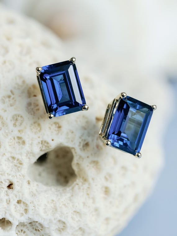 14k Gold Sapphire Earrings, Emerald Cut Sapphire Stud Earrings , September Birthstone,  Something Blue, Bridesmaid Gift, Ethically Sourced