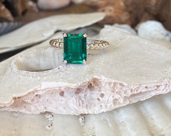 14k Gold Emerald Ring, Emerald Engagement Ring, Emerald Cut Engagement Ring, Emerald Solitaire Ring, Beaded Band, May Birthstone