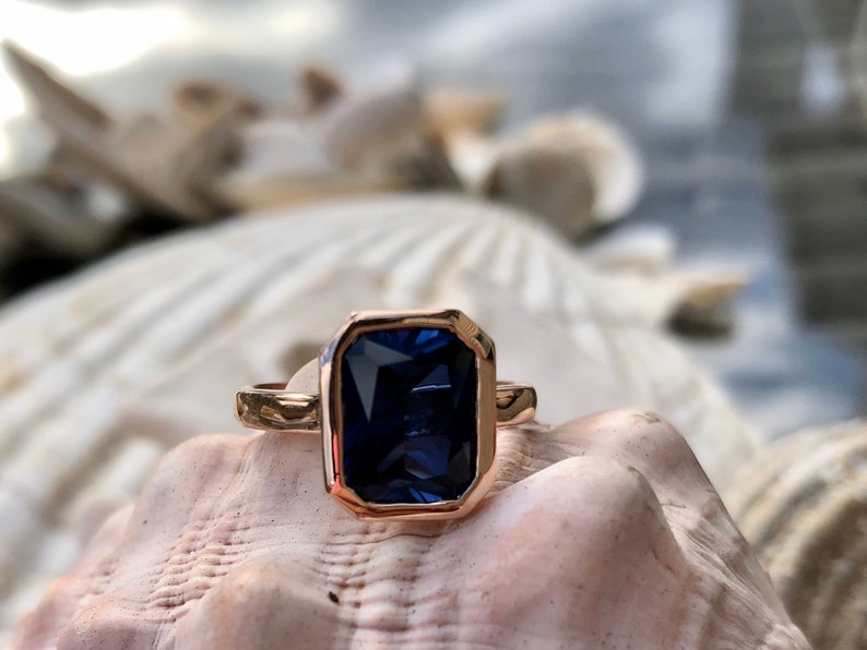 Radiant Cut Sapphire Ring, Sapphire Engagement Ring, Radiant Cut Ring, Sapphire Solitaire Ring,Bezel Set Sapphire Ring, September Birthstone image 9