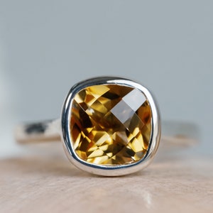 Cushion Cut Citrine Bezel Ring, Natural Citrine Ring, 14k Citrine Ring, Silver Citrine Ring, November Birthstone, Birthstone Ring