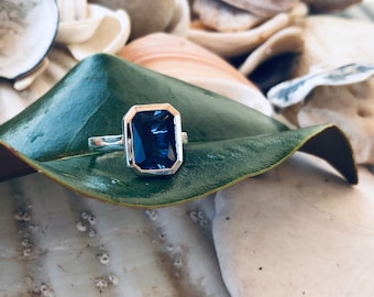 May include: A silver ring featuring a dark blue, emerald-cut gemstone. The ring is resting on a green leaf.