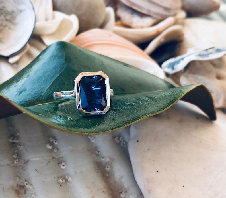 Radiant Cut Sapphire Ring, Sapphire Engagement Ring, Radiant Cut Ring, Sapphire Solitaire Ring,Bezel Set Sapphire Ring, September Birthstone image 1