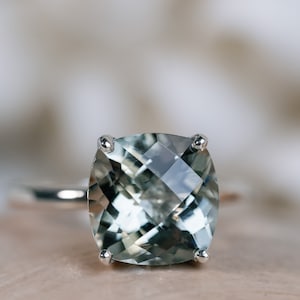 14k Cushion Green Amethyst Ring,  Cushion Cut Prasiolite Ring, Sterling Silver Prasiolite Ring, Statement Ring, Unique Engagement Ring