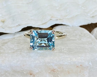 14k Blue Topaz Ring, Emerald Cut Sky Blue Topaz Ring, 3.00ct Emerald Cut, East West Ring, East West Emerald Cut Ring
