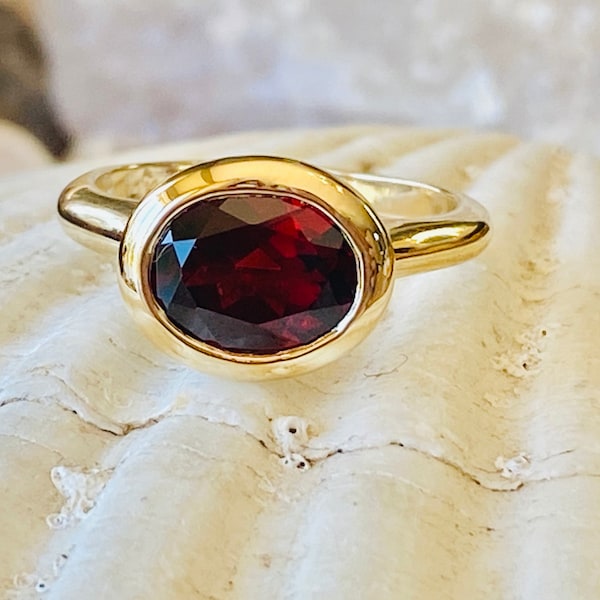 14k Garnet Ring, East West Ring, Oval Cut Garnet Ring, 2.00ct Oval Garnet Ring, Bezel Setting