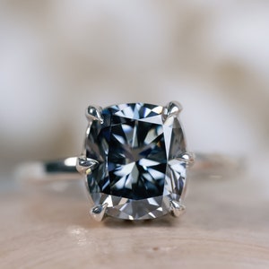 Antique Cushion Cut Gray Moissanite Engagement Ring, Elongated Cushion Cut Ring, Moissanite Engagement Ring, Gray Moissanite, Conflict Free