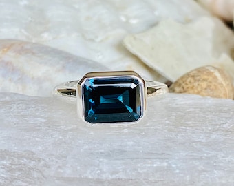 14k London Blue Topaz Ring, Emerald Cut London Blue Topaz Ring, 3.50ct Emerald Cut, East West Ring, East West Emerald Cut, Bezel Setting