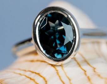 14k London Blue Topaz Ring, Natural London Blue Topaz, Oval Bezel Ring,  Oval London Blue Topaz Bezel Ring