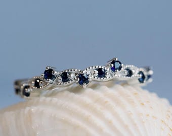 Sapphire Art Deco Wedding Band: 14k Gold Anniversary Ring