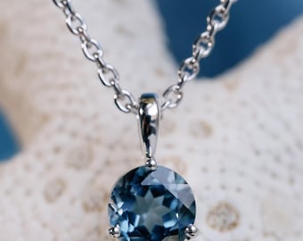 London Blue Topaz Pendant, Natural London Blue Topaz, Round London Blue Topaz Necklace, 14k, Sterling Silver, December Birthstone