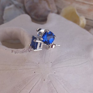 Puede incluir: Un par de pendientes de plata con una piedra preciosa azul oscuro en cada uno. Los pendientes est&aacute;n sobre un fondo blanco.