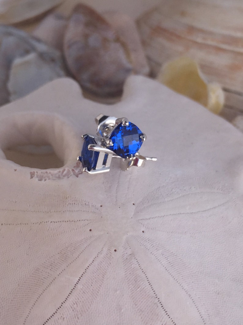 Puede incluir: Un par de pendientes de plata con una piedra preciosa azul oscuro en cada uno. Los pendientes est&aacute;n sobre un fondo blanco.