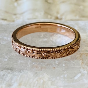 Womens Vintage Style Wedding Band, Floral Wedding Band, Gold Wedding Band, Milgrain Wedding Band image 9