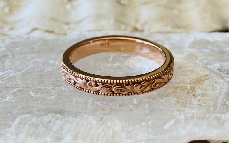 Womens Vintage Style Wedding Band, Floral Wedding Band, Gold Wedding Band, Milgrain Wedding Band image 9