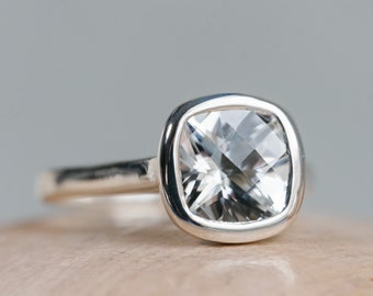 Cushion Cut White Topaz Bezel Ring, Natural White Topaz Ring, 14k White Topaz Ring, Silver Topaz Ring, White Topaz Bezel Ring