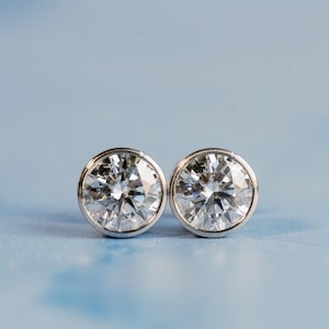 Moissanite Earrings, Moissanite Stud Earrings, Bezel Set Round Moissanite Earrings, Gold Moissanite Earrings