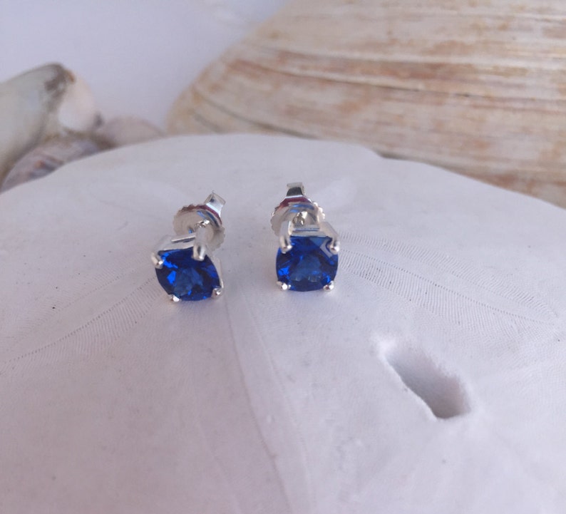 Puede incluir: Un par de pendientes de plata con piedras preciosas azules. Los pendientes est&aacute;n sobre un fondo blanco.