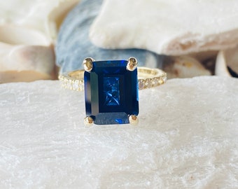 Sapphire Engagement Ring, Gold Sapphire Ring, Emerald Cut Sapphire Engagement Ring