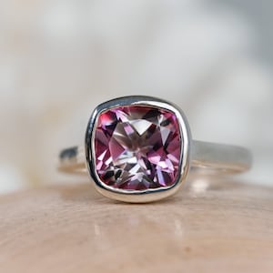 Cushion Cut Pink Topaz Bezel Ring, Natural Pink Topaz Ring, 14k Pink Topaz Ring, Sterling Silver Pink Topaz Ring, Bezel Setting
