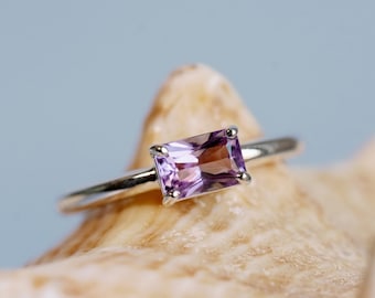 Rose De France Amethyst Ring, East West Radiant Cut Amethyst, Solitaire Setting, Stacking Ring, East West Setting, Sterling Silver, 14k