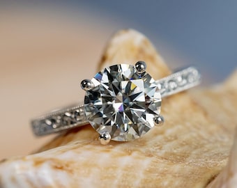 Round Moissanite Solitaire Engagement Ring, Vintage Cathedral Setting, 2.00ct D VVS1
