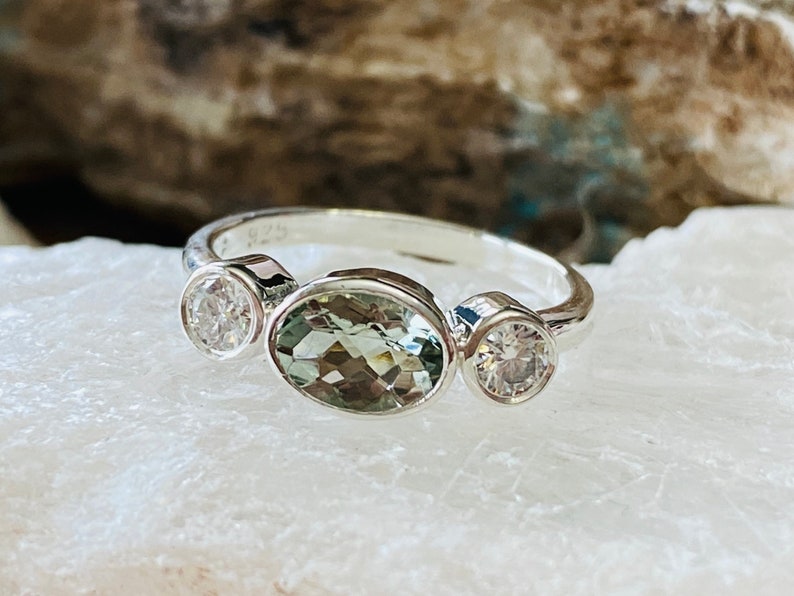 Three Stone Ring Bezel Setting Trio Ring Prasiolite Ring Green Amethyst Ring Unique Engagement Ring