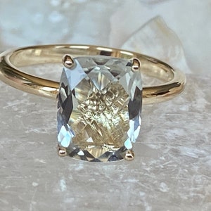 14k Antique Cushion Green Amethyst Ring, Antique Cushion  Prasiolite Ring, Elongated Cushion Cut Prasiolite Ring, Checkerboard Cut