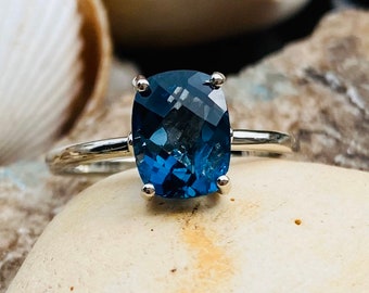 14k London Blue Topaz Ring, Cushion Cut London Blue Topaz Ring, London Blue Topaz Engagement Ring, London Blue Topaz Solitaire Ring