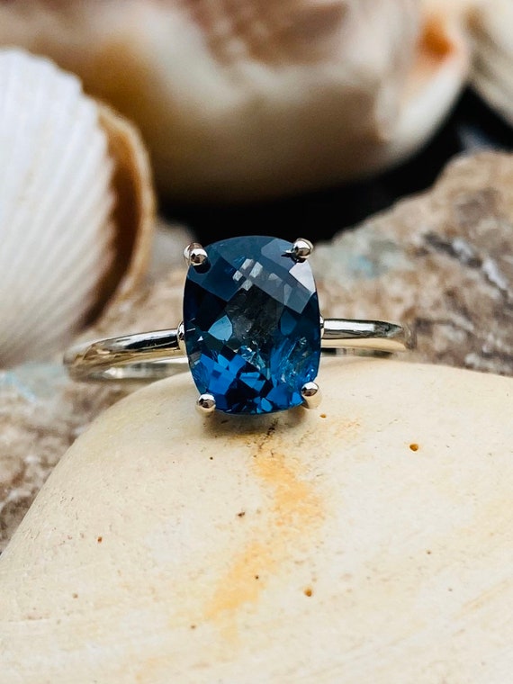 14k London Blue Topaz Ring, Cushion Cut London Blue Topaz Ring