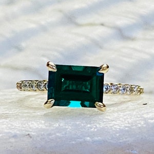 14k Emerald Ring, 2.00ct Emerald Cut, East West Emerald Ring, Promise Ring,  May Birthstone